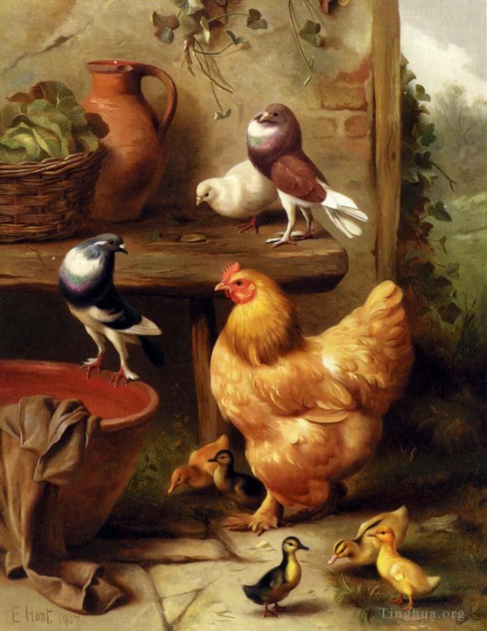 Edgar Hunt Ölgemälde - Ein Huhn, Tauben, Tauben und Entenküken