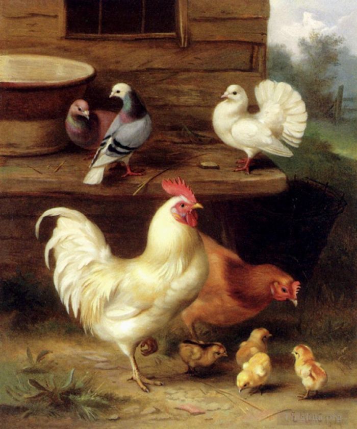 Edgar Hunt Ölgemälde - Eine Hahnhenne und Küken mit Tauben