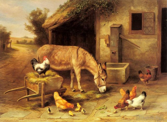 Edgar Hunt Ölgemälde - Ein Esel und Hühner vor einem Stall