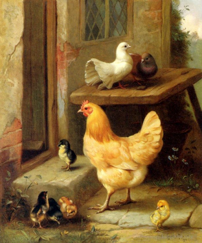 Edgar Hunt Ölgemälde - Eine Henne, Küken und Tauben