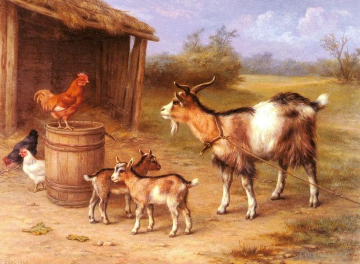 Edgar Hunt Ölgemälde - Eine Bauernhofszene mit Ziegen und Hühnern