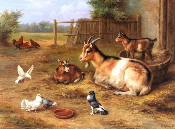 Edgar Hunt Ölgemälde - Eine Bauernhofszene mit Ziegen, Hühnern, Tauben