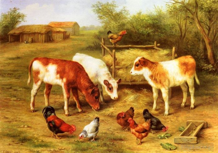 Edgar Hunt Ölgemälde - Kälber und Hühner füttern auf einem Bauernhof