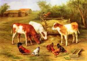 Edgar Hunt Werk - Kälber und Hühner füttern auf einem Bauernhof