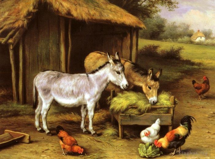Edgar Hunt Ölgemälde - Hühner und Esel füttern außerhalb einer Scheune