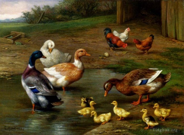 Edgar Hunt Ölgemälde - Hühner, Enten und Entenküken paddeln