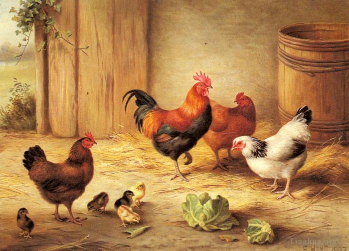Edgar Hunt Ölgemälde - Hühner in einem Scheunenhof