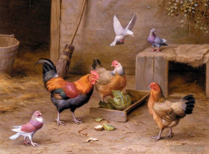 Edgar Hunt Ölgemälde - Hühner auf einem Bauernhof