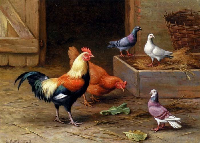 Edgar Hunt Ölgemälde - Hühner, Tauben und eine Taube