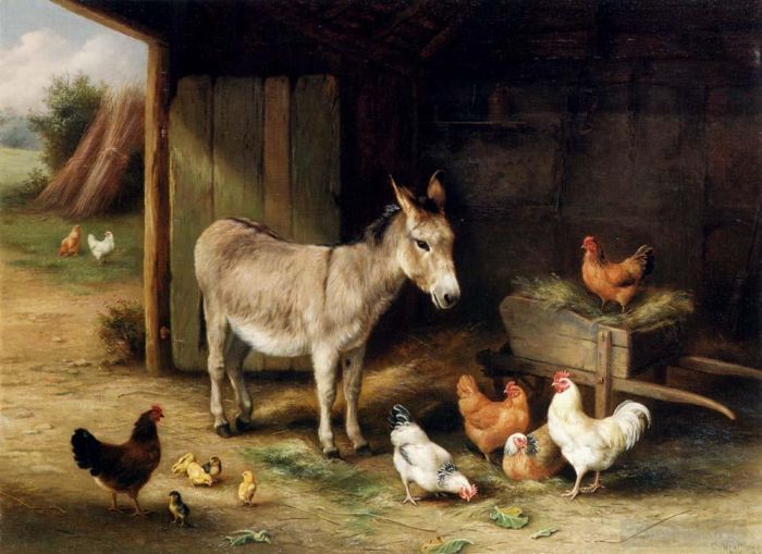 Edgar Hunt Ölgemälde - Esel-Hühner und Hühner in einer Scheune