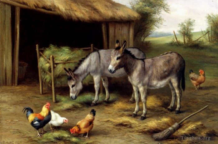 Edgar Hunt Ölgemälde - Esel und Geflügel