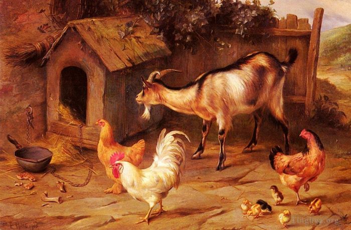 Edgar Hunt Ölgemälde - Geflügelküken und Ziegen in einer Hundehütte