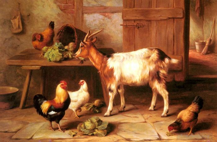Edgar Hunt Ölgemälde - Ziegen und Hühner füttern in einem Cottage-Interieur