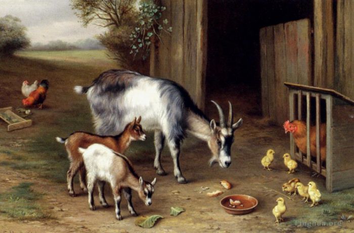 Edgar Hunt Ölgemälde - Ziegen und Geflügel