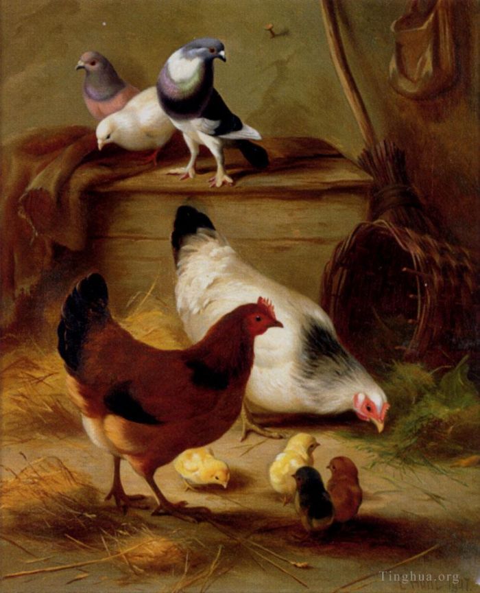 Edgar Hunt Ölgemälde - Tauben und Hühner