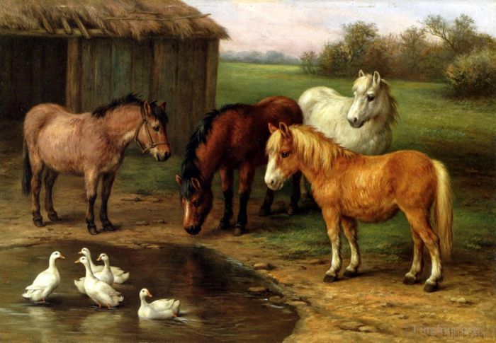 Edgar Hunt Ölgemälde - Ponys an einem Teich