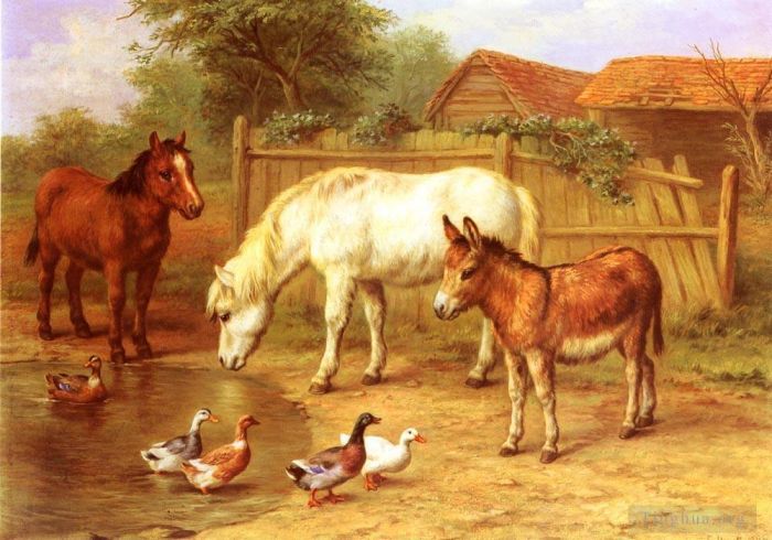 Edgar Hunt Ölgemälde - Ponys, Esel und Enten auf einem Bauernhof