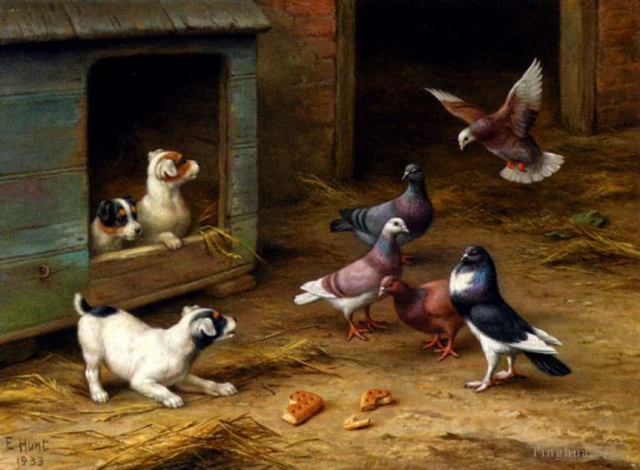 Edgar Hunt Ölgemälde - Welpen und Tauben spielen in einem Zwinger