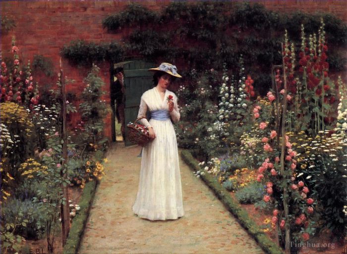 Edmund Leighton Ölgemälde - Dame in einem Garten