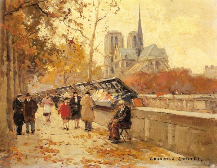 Édouard-Léon Cortès Ölgemälde - Buchhändler entlang der Seine mit Blick auf Notre-Dame
