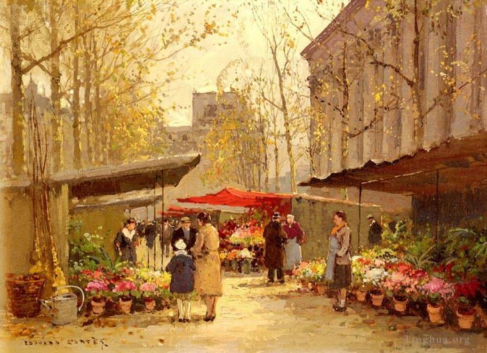 Édouard-Léon Cortès Ölgemälde - Blumenmarkt in La Madeleine