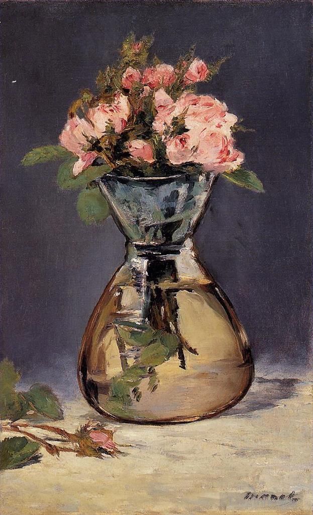 Édouard Manet Ölgemälde - Moosrosen in einer Vase