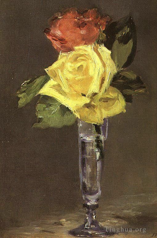 Édouard Manet Ölgemälde - Rosen in einem Champagnerglas