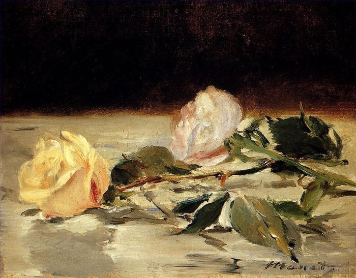 Édouard Manet Ölgemälde - Zwei Rosen auf einer Tischdecke