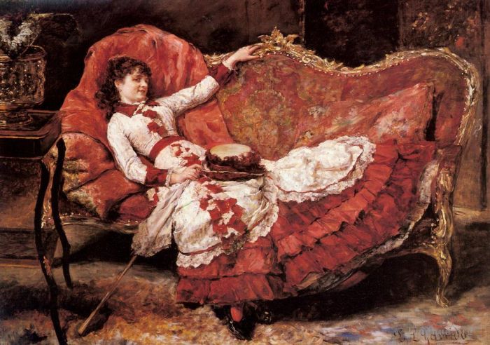 Eduardo Leon Garrido Ölgemälde - Eine elegante Dame in einem roten Kleid