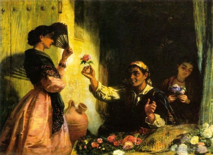 Edwin Long Ölgemälde - Ein spanischer Blumenverkäufer