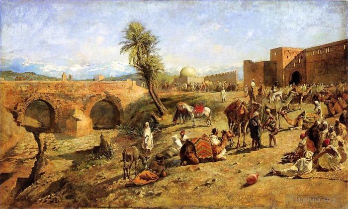 Edwin Lord Weeks Ölgemälde - Ankunft einer Karawane außerhalb der Stadt Marokko