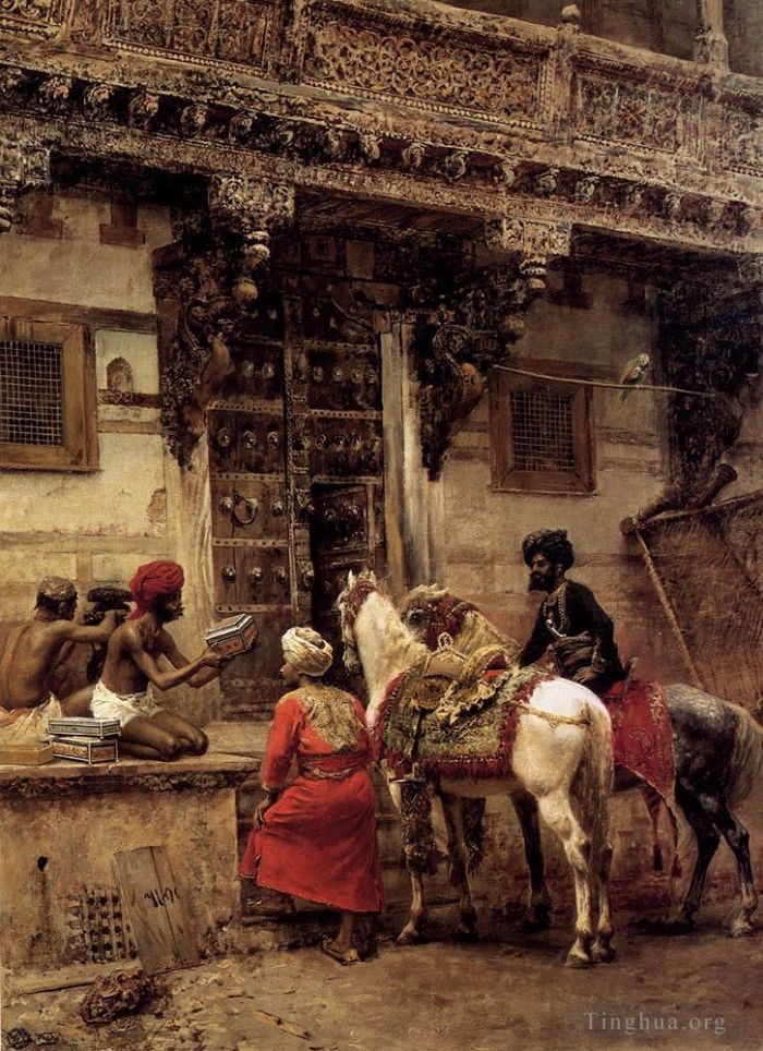 Edwin Lord Weeks Ölgemälde - Handwerker verkauft Kisten in einem Gebäude aus Teakholz in Ahmedabad