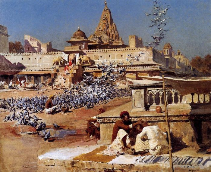 Edwin Lord Weeks Ölgemälde - Füttern der heiligen Tauben Jaipur