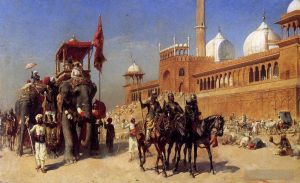 Edwin Lord Weeks Werk - Großmogul und sein Hofstaat kehren aus der Großen Moschee in Delhi, Indien zurück Edwin Lord Weeks