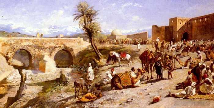 Edwin Lord Weeks Ölgemälde - Die Ankunft einer Karawane außerhalb von Marrakesch