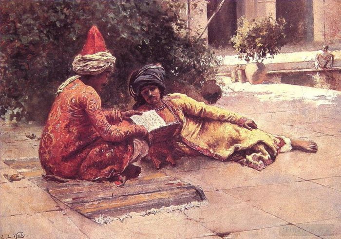 Edwin Lord Weeks Ölgemälde - Zwei Araber lesen in einem Innenhof