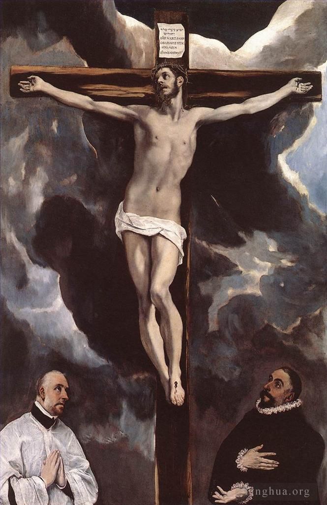 El Greco Ölgemälde - Christus am Kreuz, angebetet von Spendern 1585