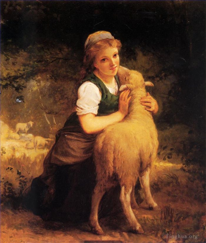Émile Munier Ölgemälde - Junges Mädchen mit Lamm
