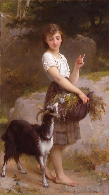 Émile Munier Ölgemälde - Junges Mädchen mit Ziege und Blumen