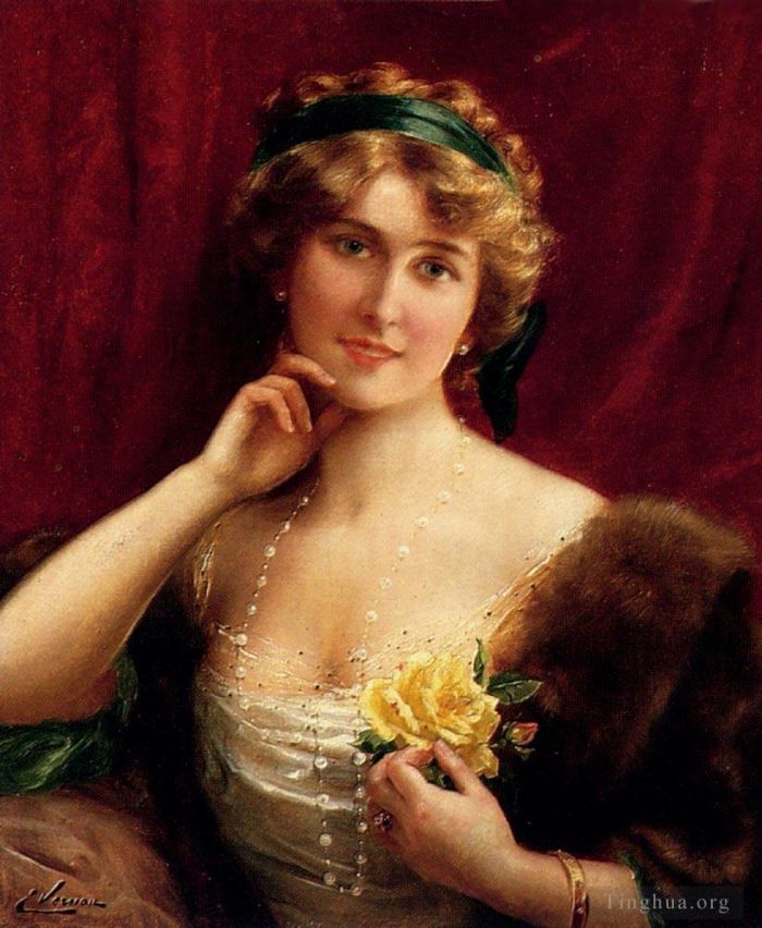 Émile Vernon Ölgemälde - Eine elegante Dame mit einer gelben Rose