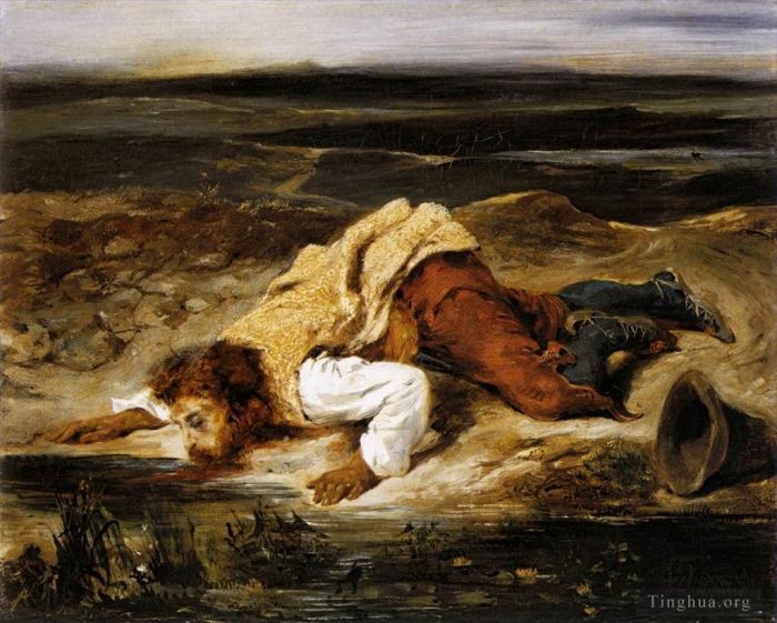 Ferdinand Victor Eugène Delacroix Ölgemälde - Ein tödlich verwundeter Räuber stillt seinen Durst