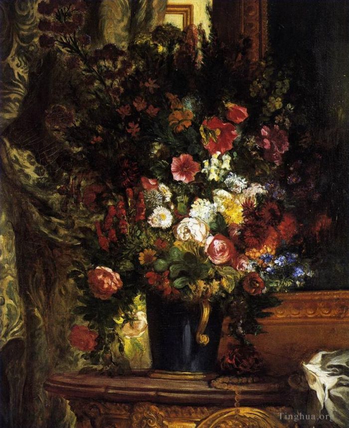 Ferdinand Victor Eugène Delacroix Ölgemälde - Eine Vase mit Blumen auf einer Konsole