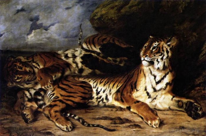 Ferdinand Victor Eugène Delacroix Ölgemälde - Ein junger Tiger, der mit seiner Mutter spielt