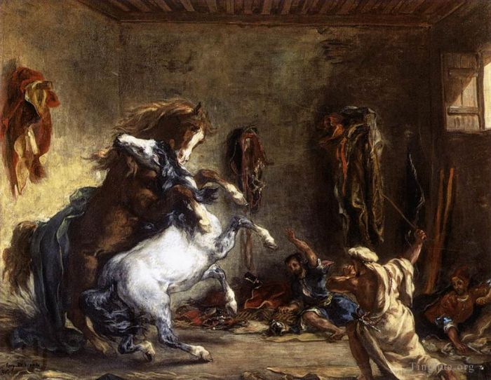 Ferdinand Victor Eugène Delacroix Ölgemälde - Arabische Pferde kämpfen in einem Stall