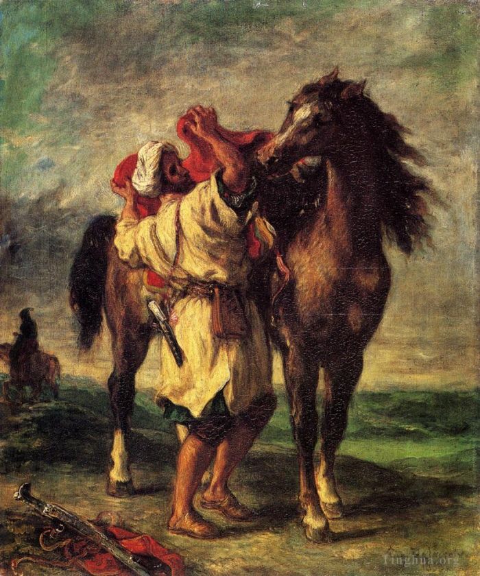 Ferdinand Victor Eugène Delacroix Ölgemälde - Ferdinand Victor Eugene Ein Marokkaner, der ein Pferd sattelt