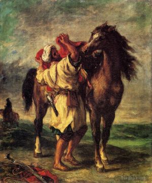 Ferdinand Victor Eugène Delacroix Werk - Ferdinand Victor Eugene Ein Marokkaner, der ein Pferd sattelt