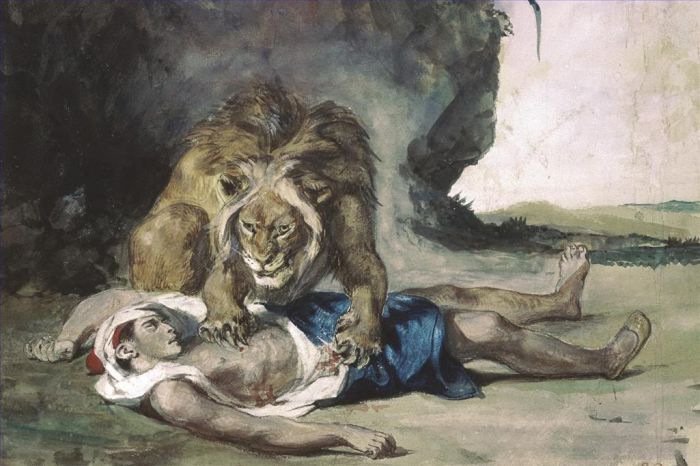 Ferdinand Victor Eugène Delacroix Ölgemälde - Löwe zerreißt eine Leiche