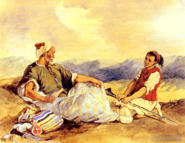 Ferdinand Victor Eugène Delacroix Andere Malerei - Zwei Marokkaner sitzen auf dem Land