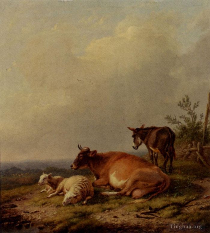Eugene Joseph Verboeckhoven Ölgemälde - Eine Kuh, ein Schaf und ein Esel