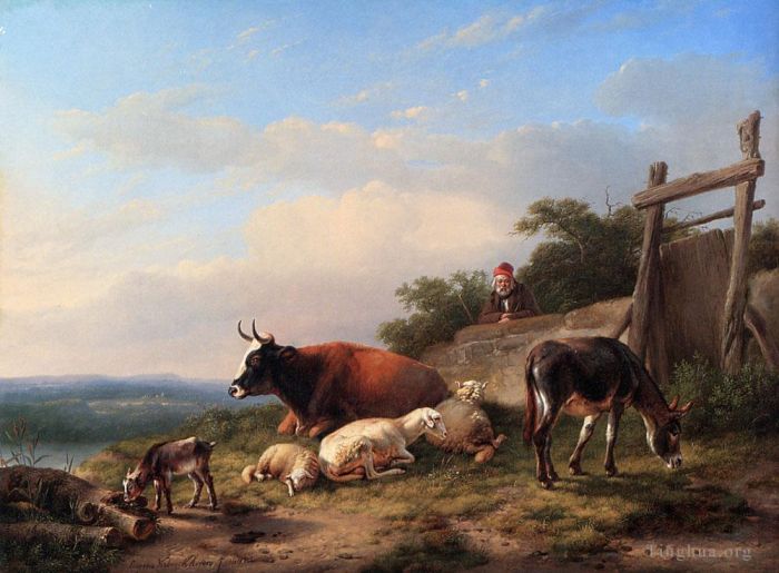 Eugene Joseph Verboeckhoven Ölgemälde - Ein Bauer kümmert sich um seine Tiere